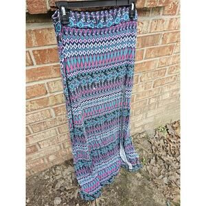 Aztec Geometric Maxi Skirt Side Slit High Waisted Boho Festival Flowy Summer L